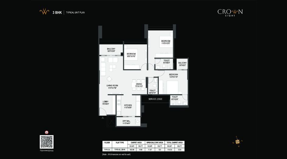 Pyramid-crown-8-Floor-Plan-3 BHK-1233 Sqft